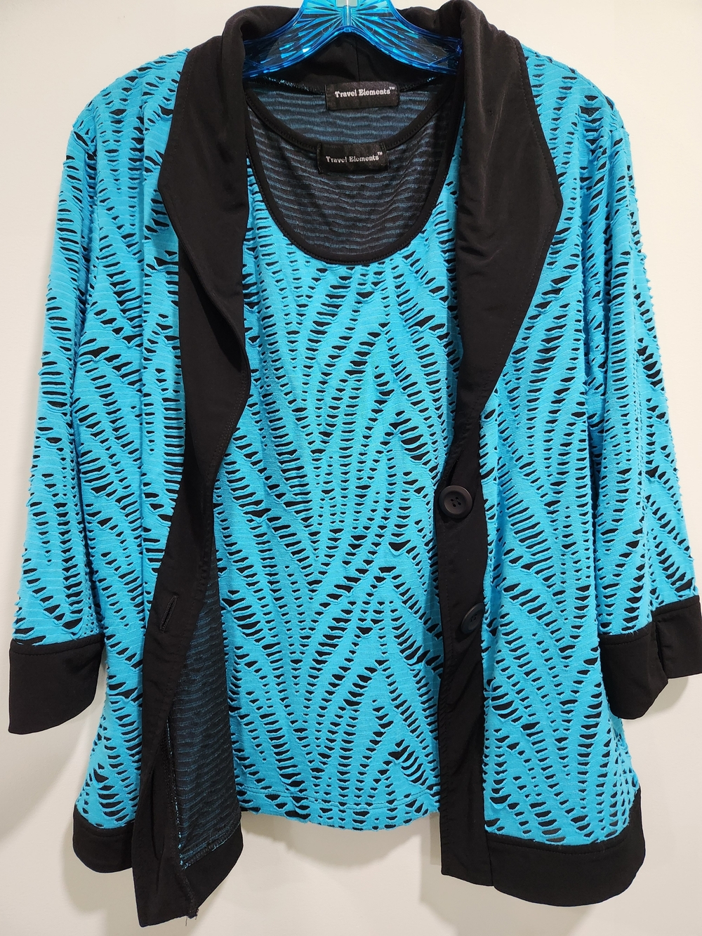 ™two Piece Women's Black-Trim  Teal Tank Top With Openwork Cardigan Top